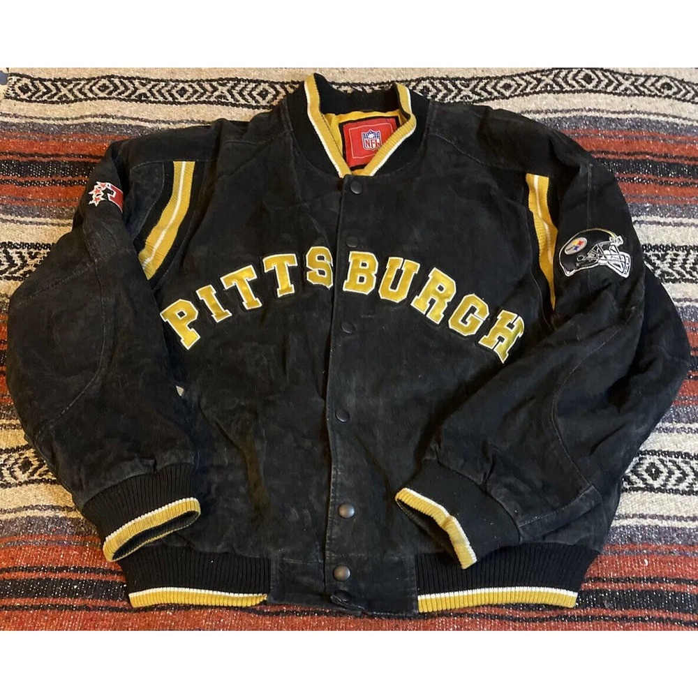 NFL Football Men's Pittsburgh Steelers Suede Leather Jacket Coat, Black, Sz L